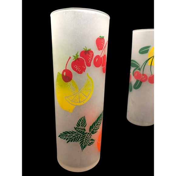 Set Of 4 Mid Century Federal Frosted Tom Collins Glasses With Retro Fruit Design - Picture 12 of 16